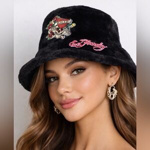 Ed Hardy Black Faux Fur Bucket Hat with Skull Design